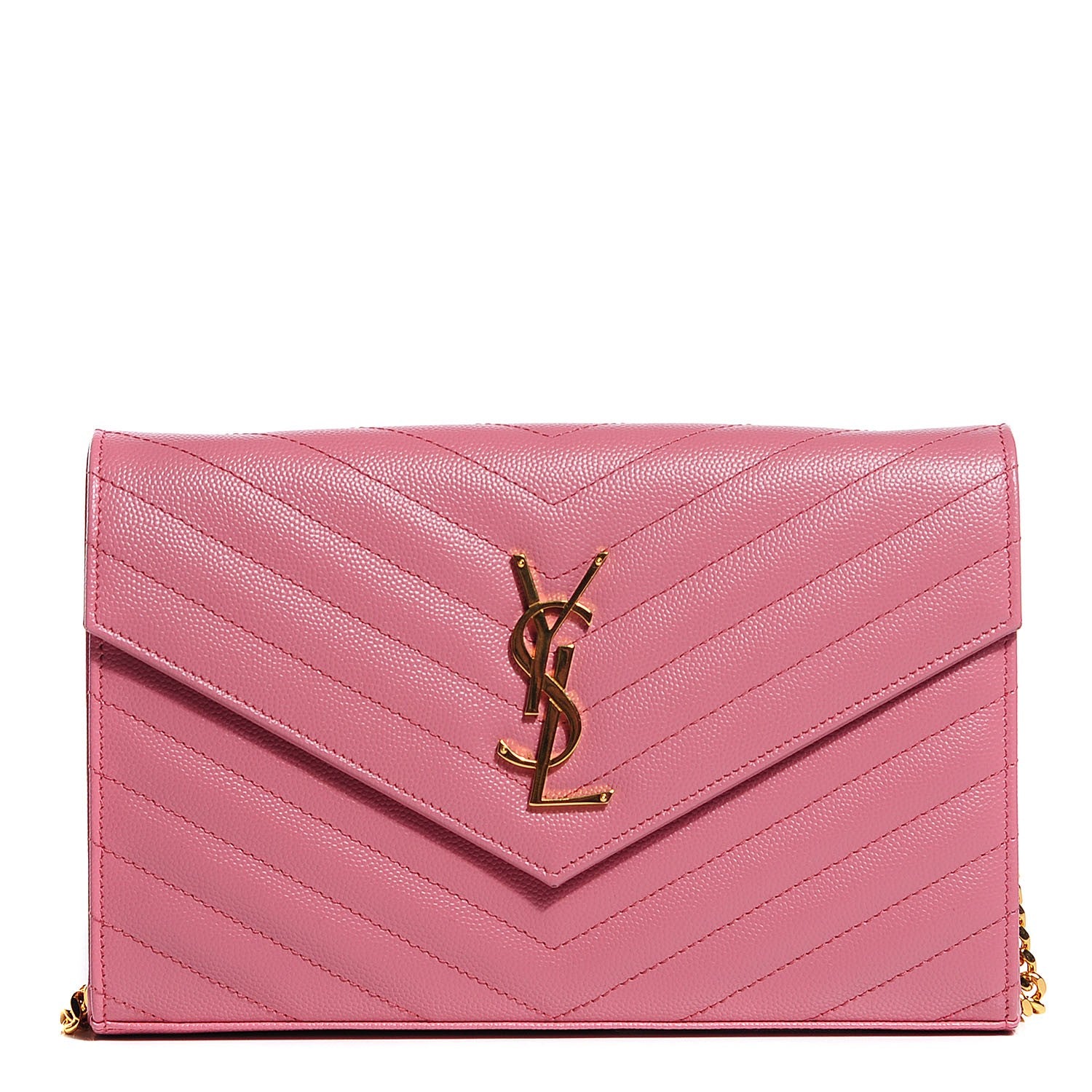 Saint Laurent Grain de Poudre Matelasse Chevron Medium Monogram Chain Wallet Pink 1 of 8