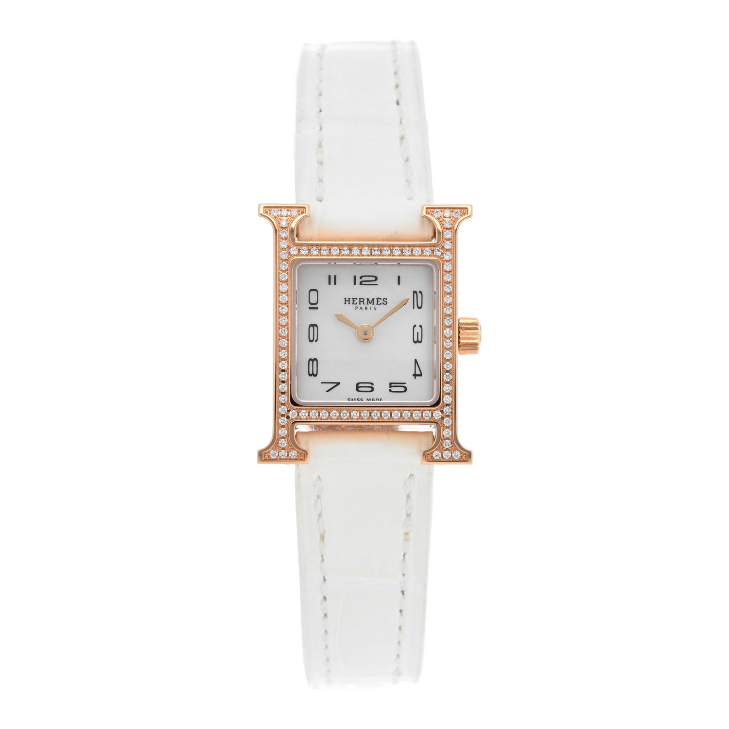 Hermes 18K Rose Gold Alligator Diamond Bezel Mother of Pearl 17.2mm Heure H Hour Quartz Watch Blanc 1 of 5