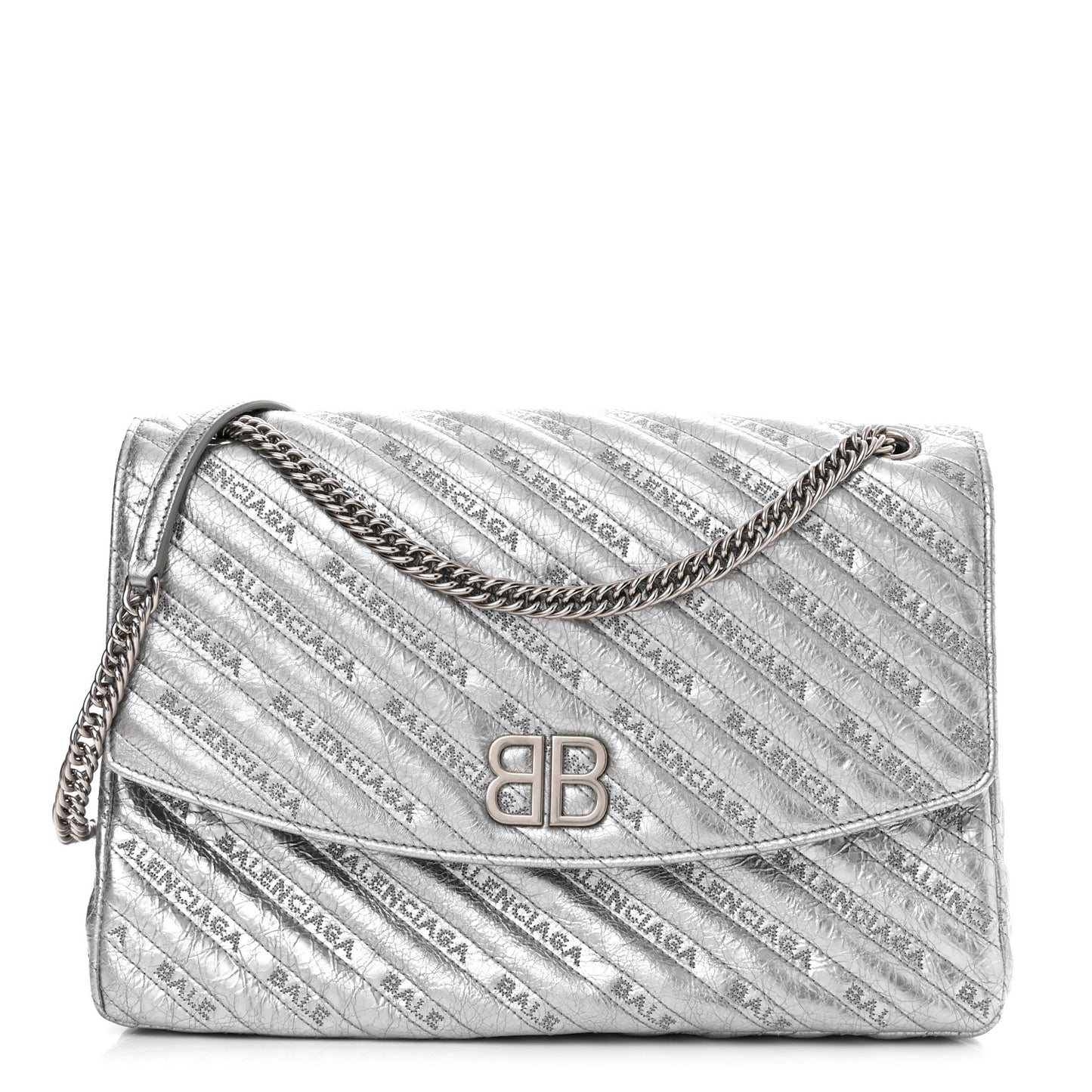 Metallic Arena Calfskin Logo Matelasse Large BB Flap Chain Shoulder Bag Argent