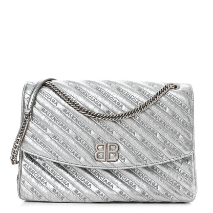 Balenciaga Metallic Arena Calfskin Logo Matelasse Large BB Flap Chain Shoulder Bag Argent 1 of 9