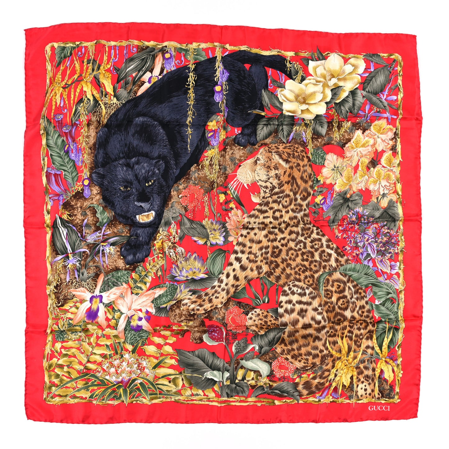Silk Panther Print Square Scarf Red
