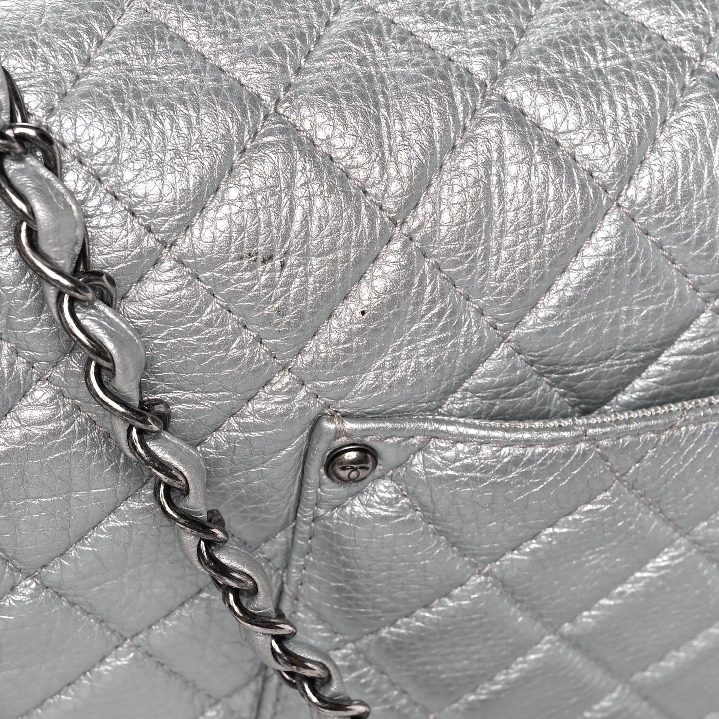 Metallic Calfskin Quilted XXL Travel Flap Bag Silver