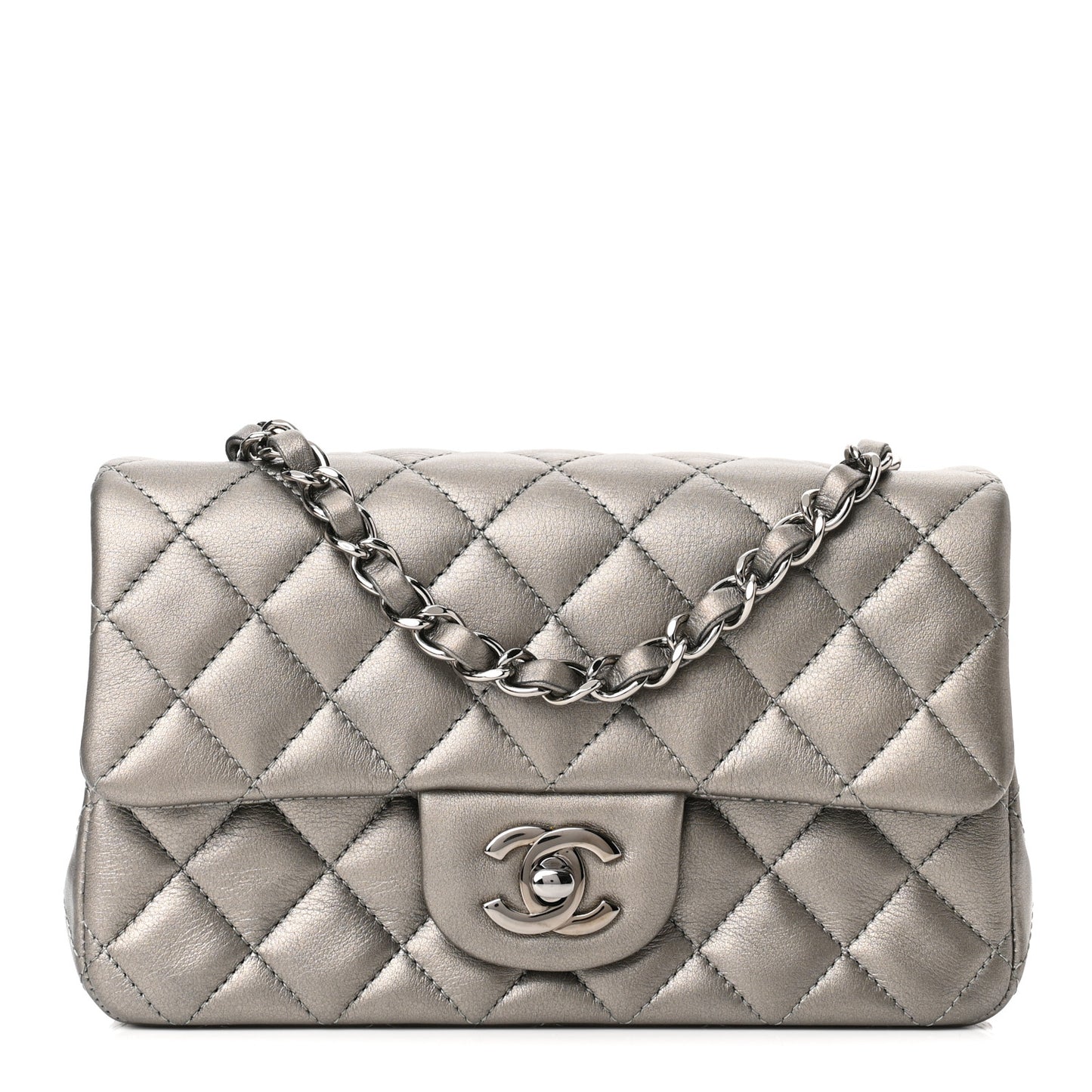 Metallic Calfskin Quilted Mini Rectangular Flap Ruthenium
