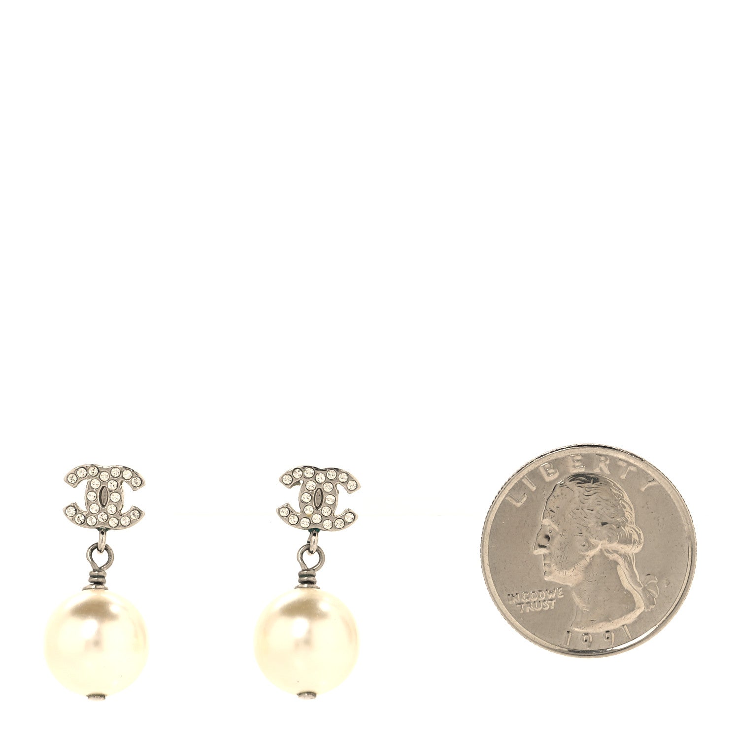 Chanel Crystal Pearl CC Drop Earrings Silver Pearly White 2 of 5