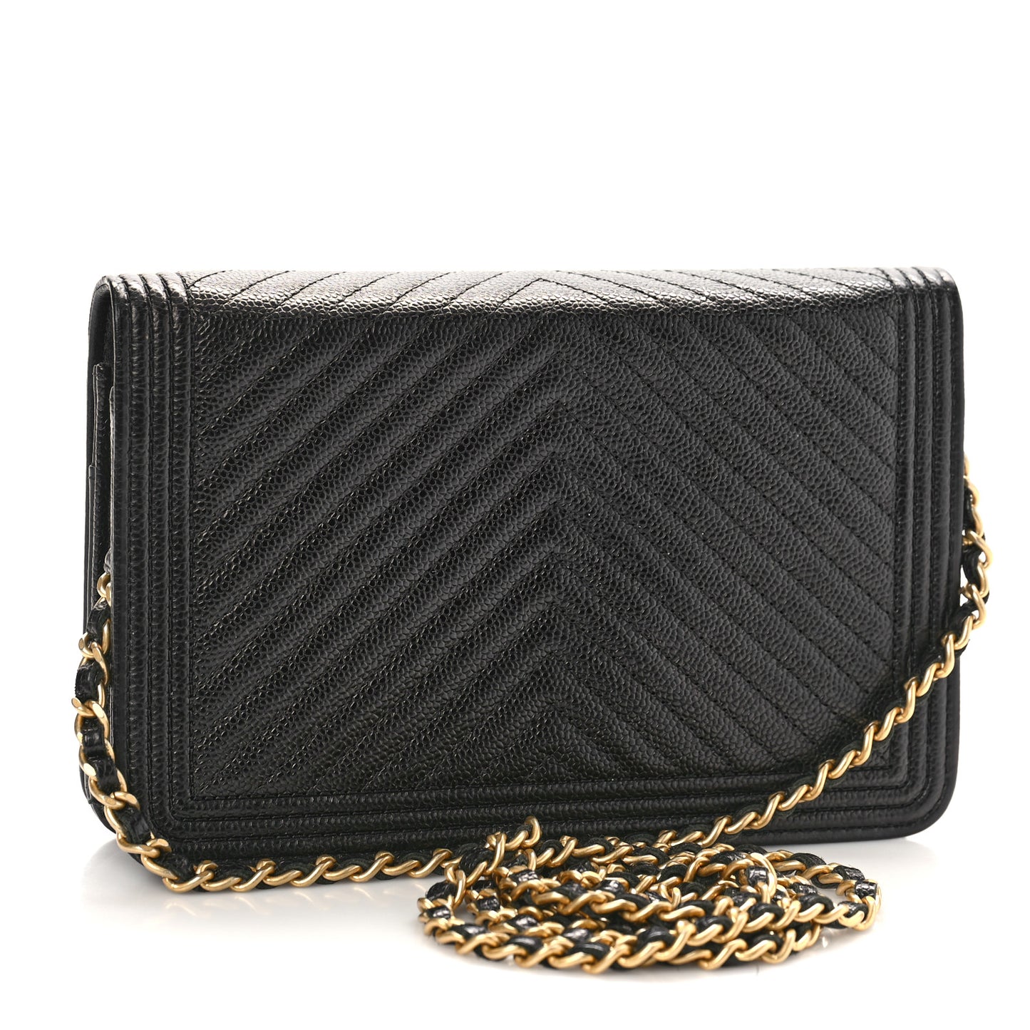 Caviar Chevron Quilted Boy Wallet On Chain WOC Black