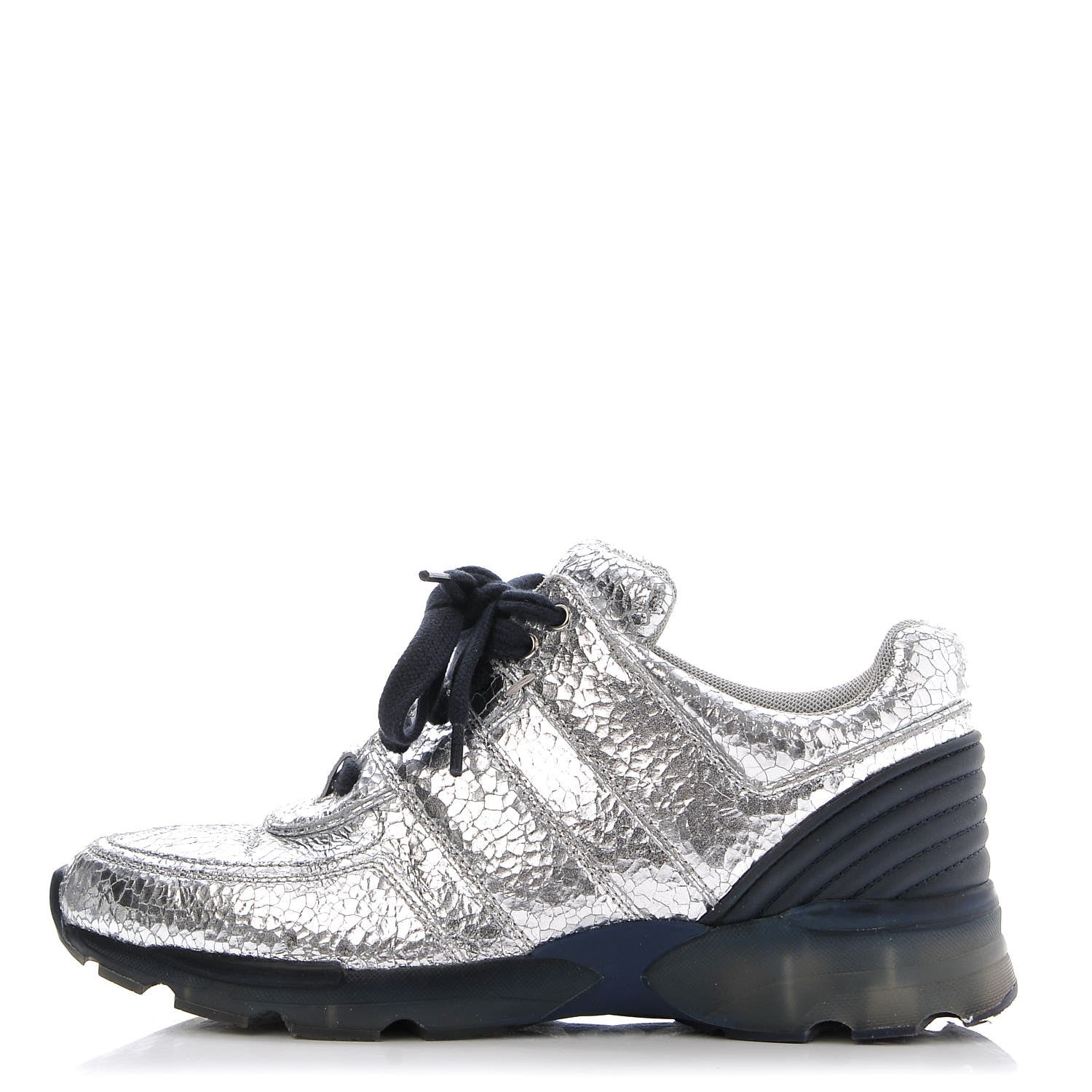 Chanel Metallic Crackled Calfskin CC Sneakers 37 Silver Black Navy 1 of 10