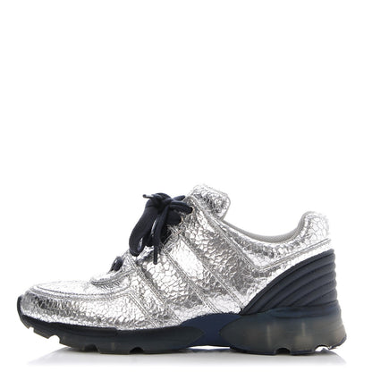 Chanel Metallic Crackled Calfskin CC Sneakers 37 Silver Black Navy 1 of 10