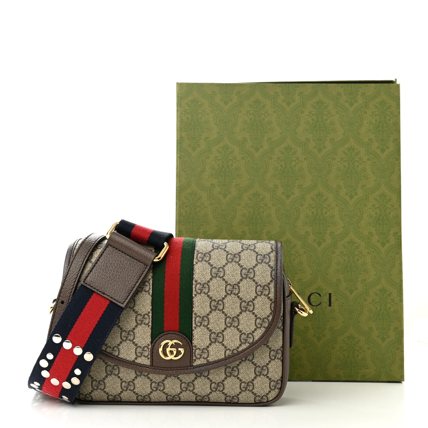 Gucci GG Supreme Monogram Textured Dollar Calfskin Web Studded Mini Ophidia Flap Shoulder Bag Beige Ebony New Acero 12 of 12