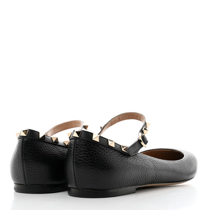 Valentino Garavani Pebbled Calfskin Rockstud Ankle Strap Ballerina Flats 39 Black 4 of 9