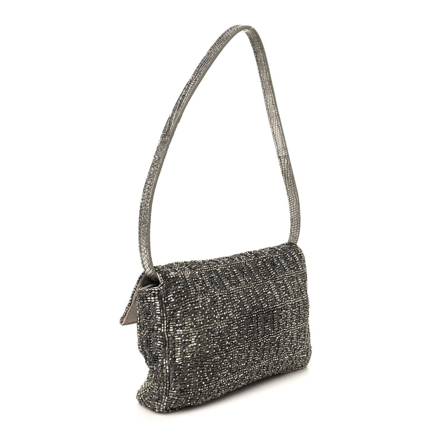 Metallic Lizard Beaded Embroidered Mini Baguette Grey