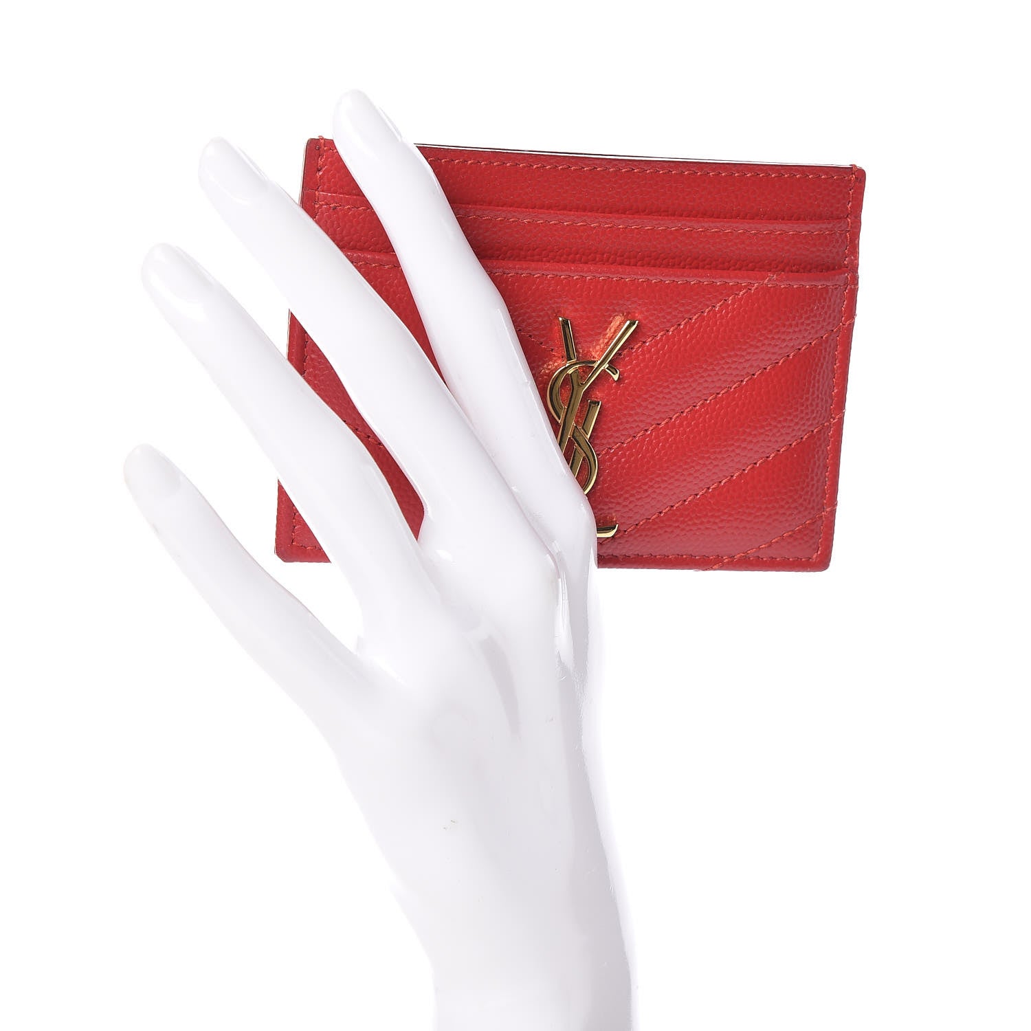 Saint Laurent Grain De Poudre Matelasse Chevron Monogram Credit Card Case New Red 2 of 8
