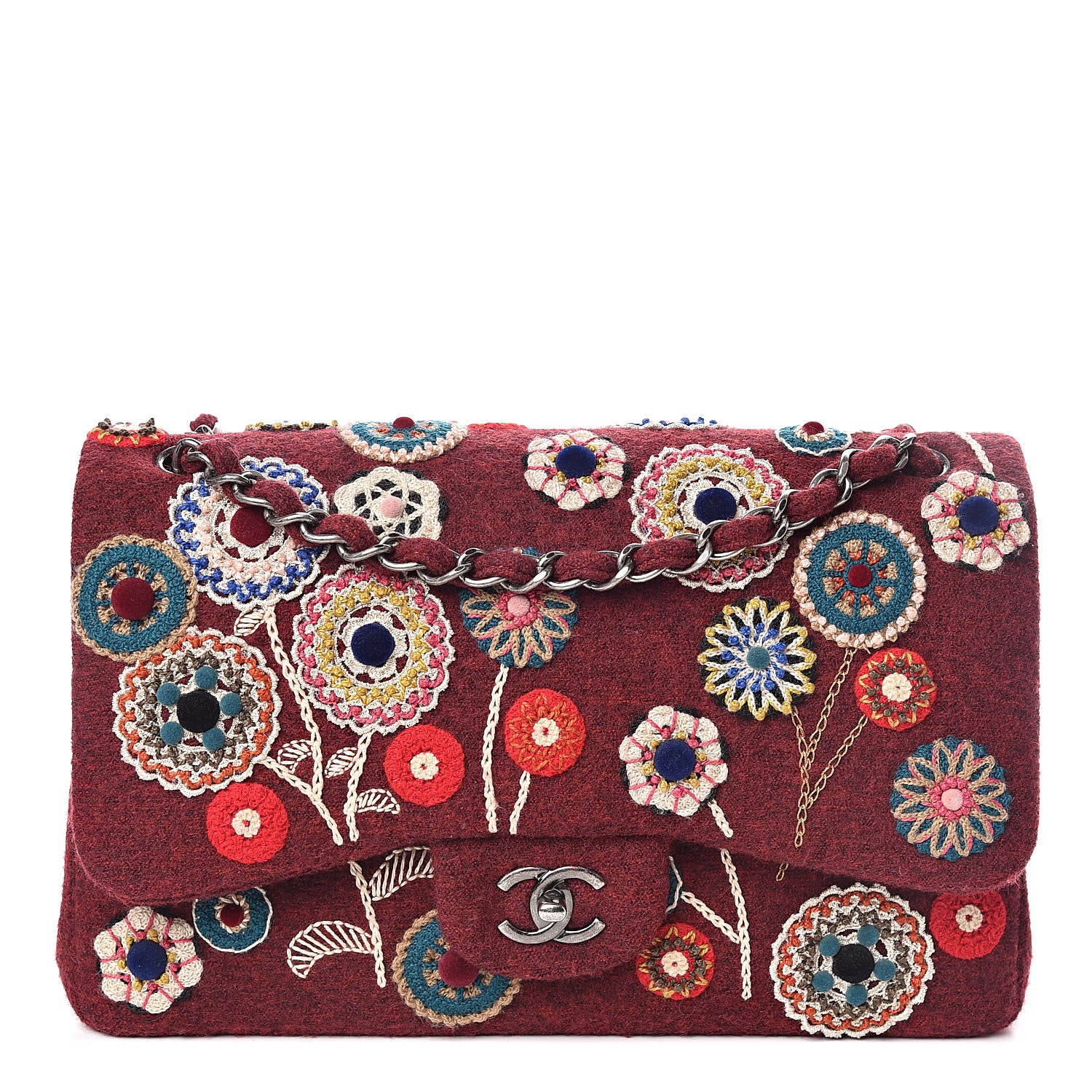 Chanel Felt Flower Embroidered Jumbo Double Flap Burgundy Multicolor 1 of 11