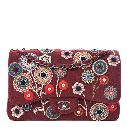 Chanel Felt Flower Embroidered Jumbo Double Flap Burgundy Multicolor 1 of 11