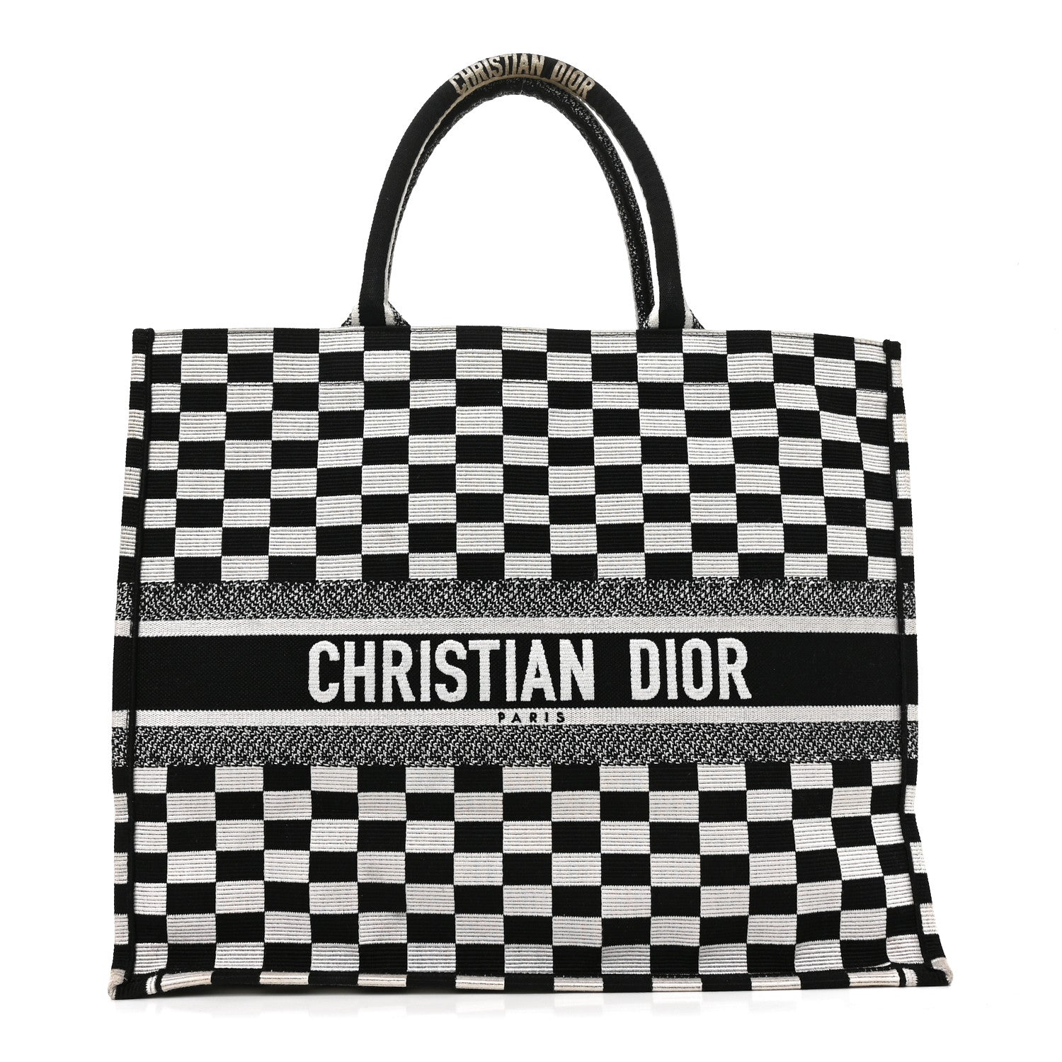 Christian Dior Canvas Embroidered Checkered Book Tote Black White 1 of 11