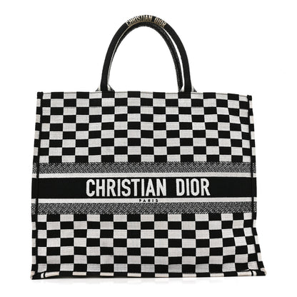 Christian Dior Canvas Embroidered Checkered Book Tote Black White 1 of 11