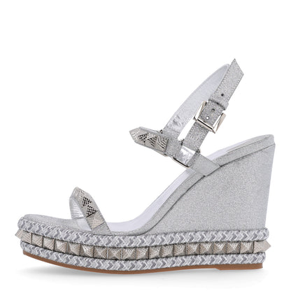 Christian Louboutin Glitter Nappa Mica Pyraclou 110 Wedge Sandals 38 Silver 1 of 9
