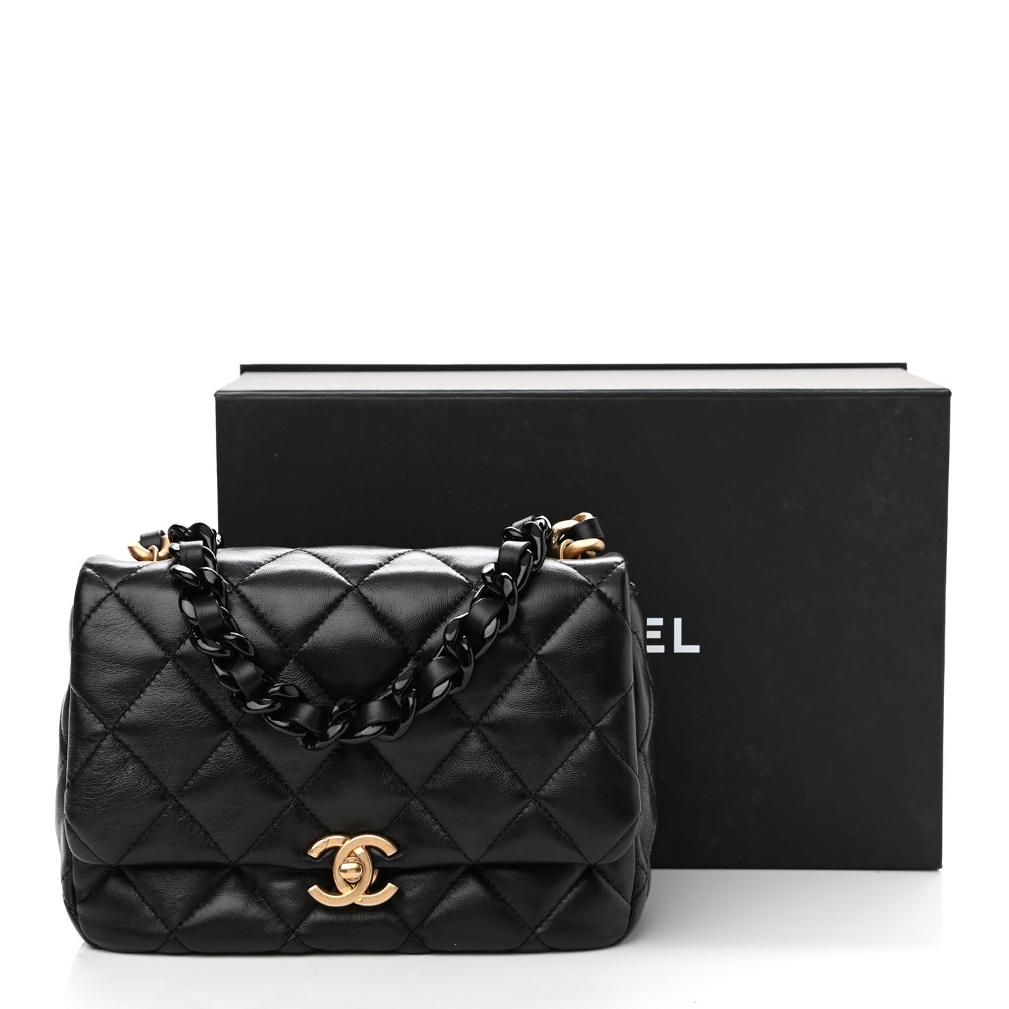 Lambskin Quilted Small Lacquered Chain Flap Black
