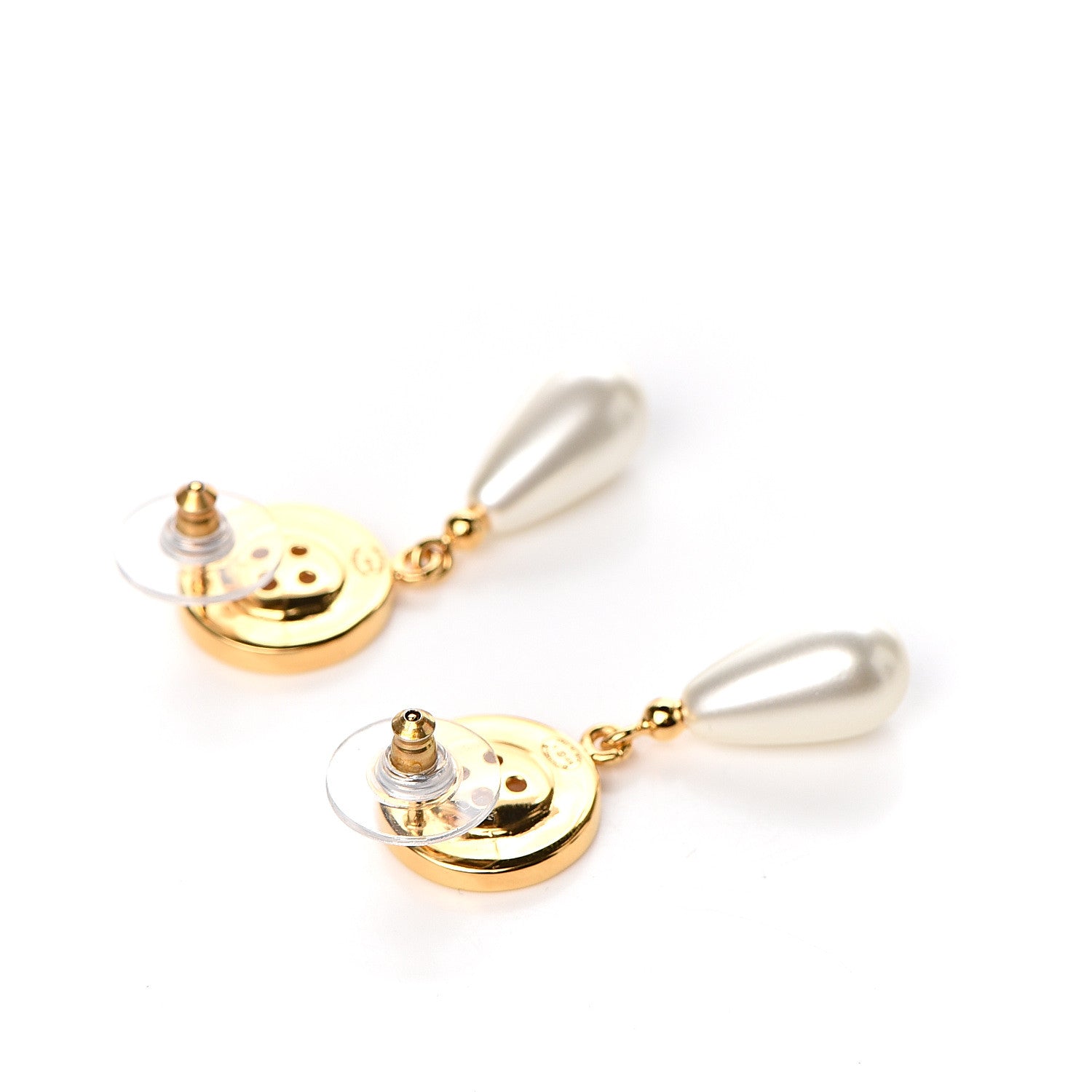Chanel Metal Pearl Paris Button Drop Earrings Gold 3 of 5