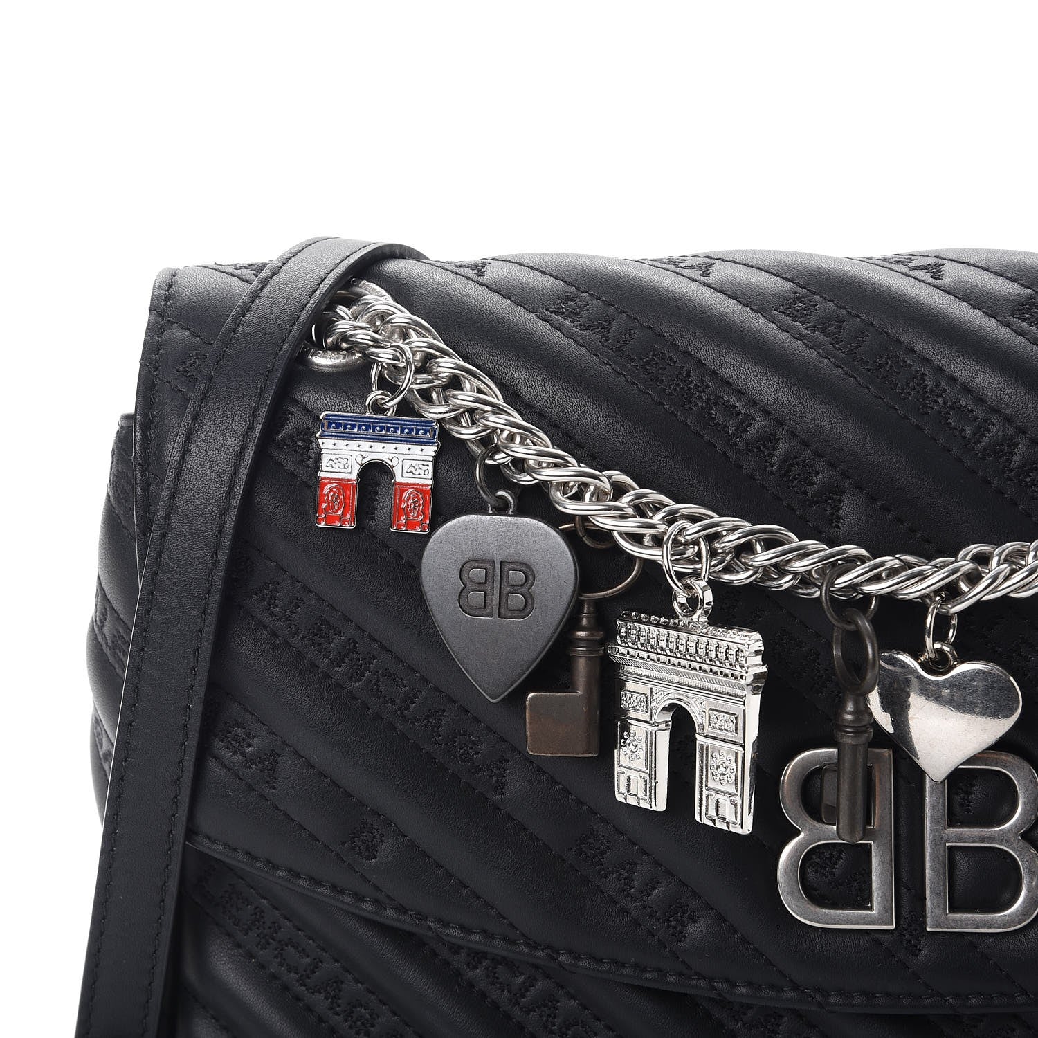 Balenciaga Calfskin Charms Logo Matelasse M BB Round Shoulder Bag Black 8 of 10