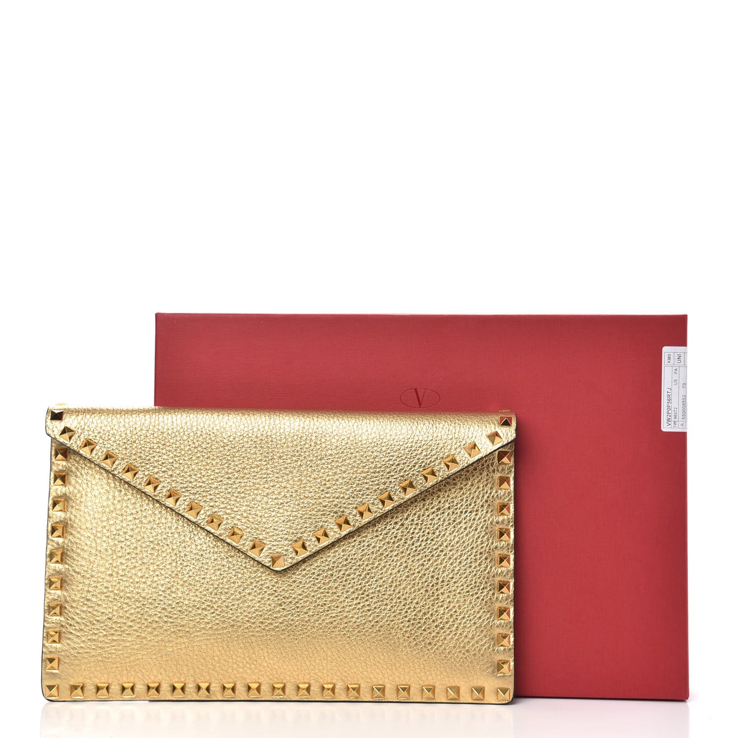 Metallic Pebbled Calfskin Large Rockstud Envelope Clutch Gold