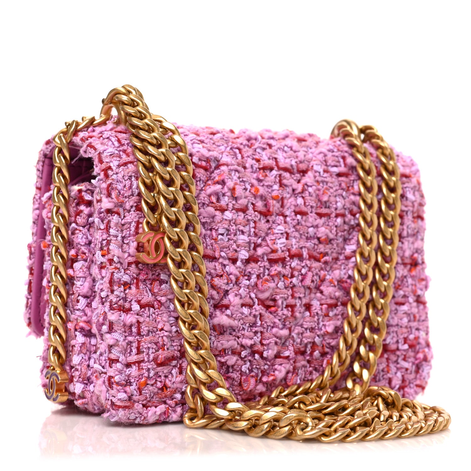 Chanel Tweed Enamel Quilted Pending CC Mini Wallet On Chain WOC Pink Purple 3 of 8