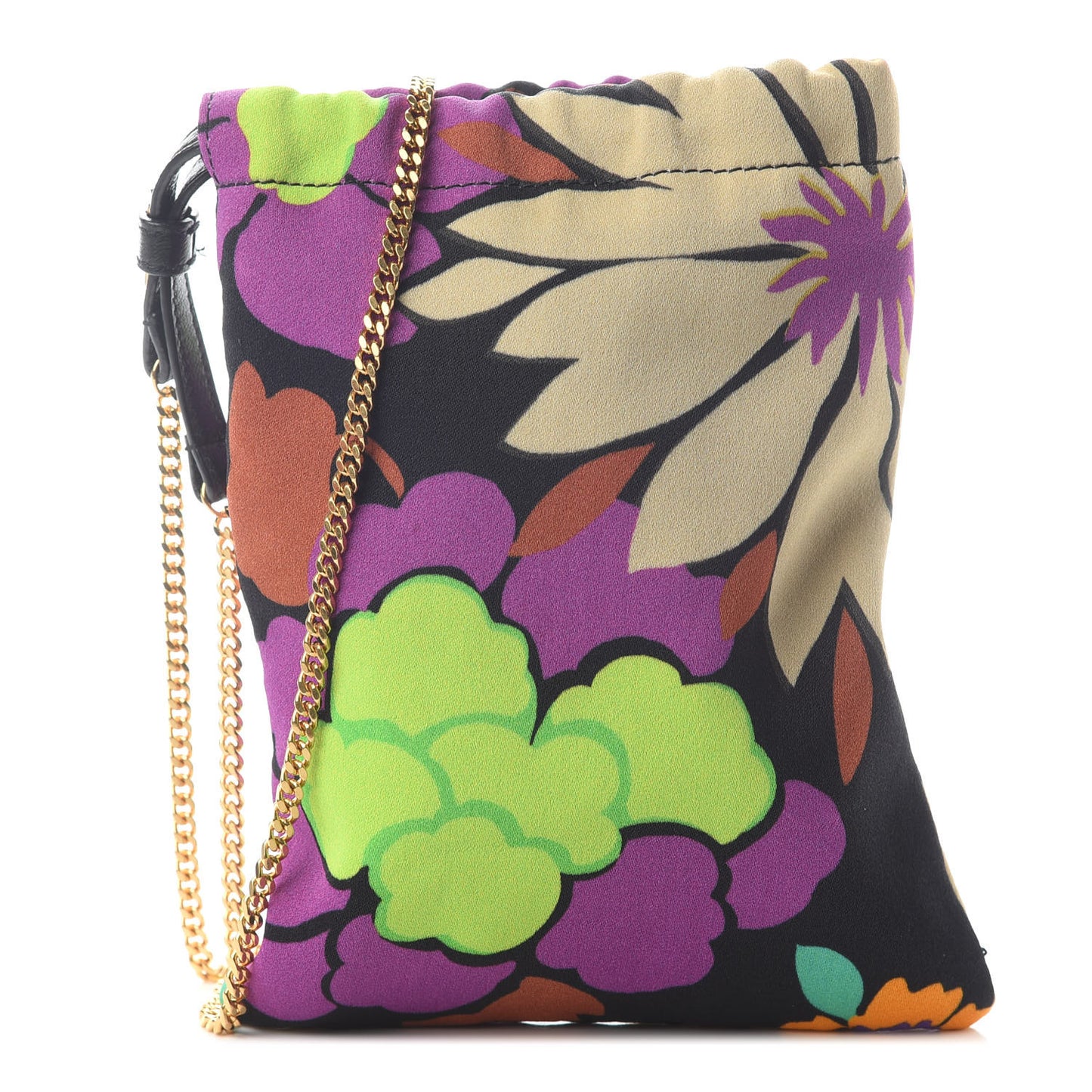 Satin Floral Print Mini Pochon Drawstring Pouch Black Multicolor