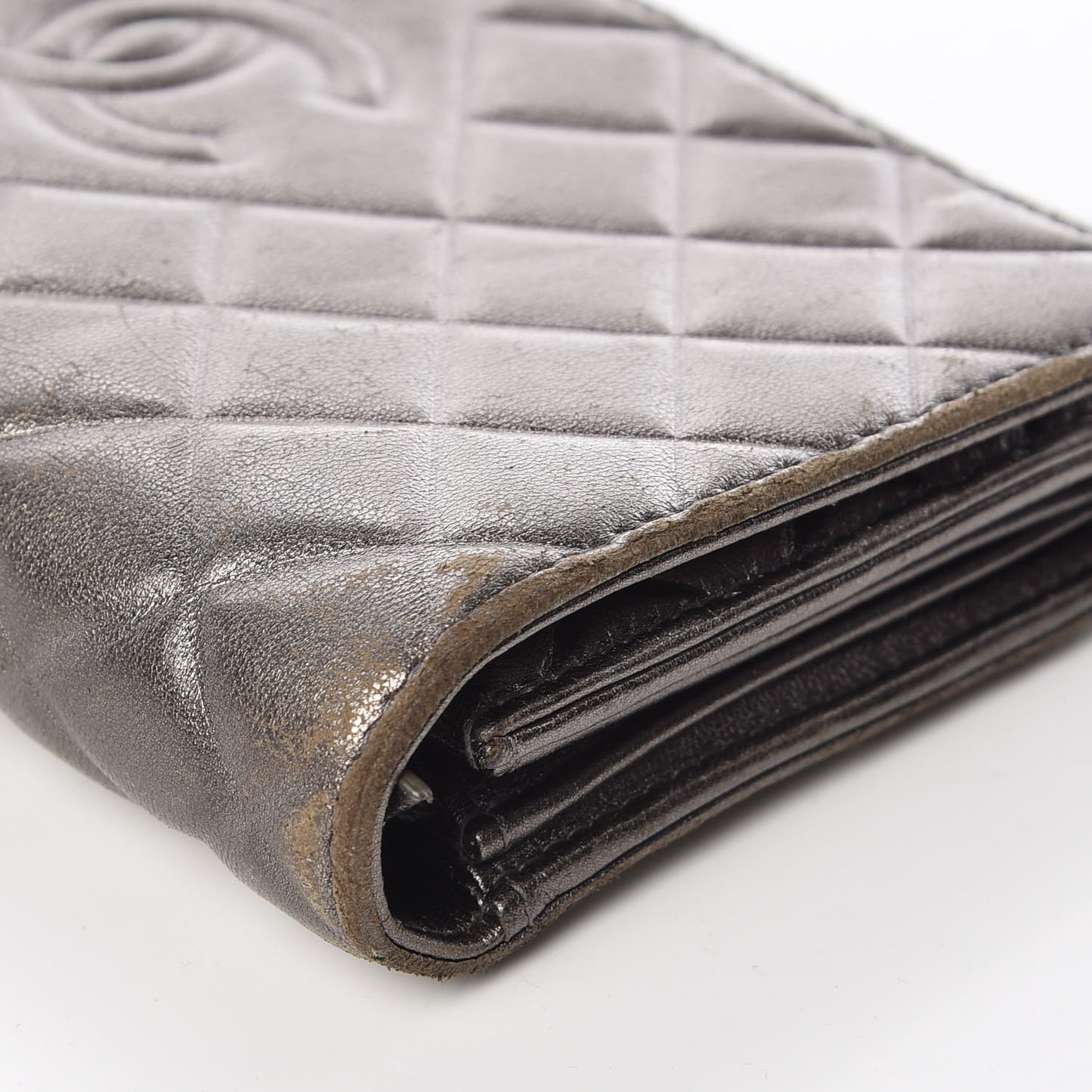 Calfskin Quilted Large Diamond CC Flap Wallet Dark Silver