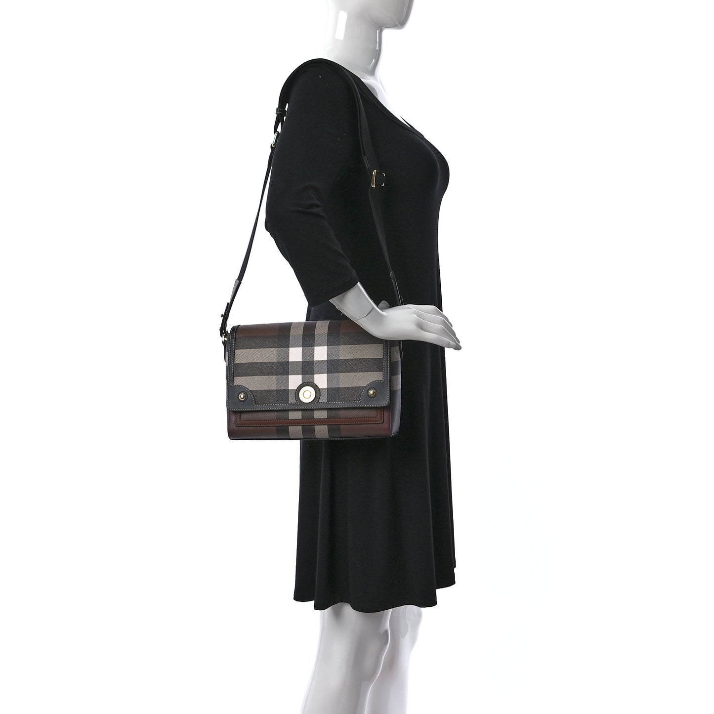 Calfskin Giant Check E-Canvas Note Crossbody Bag Dark Birch Brown