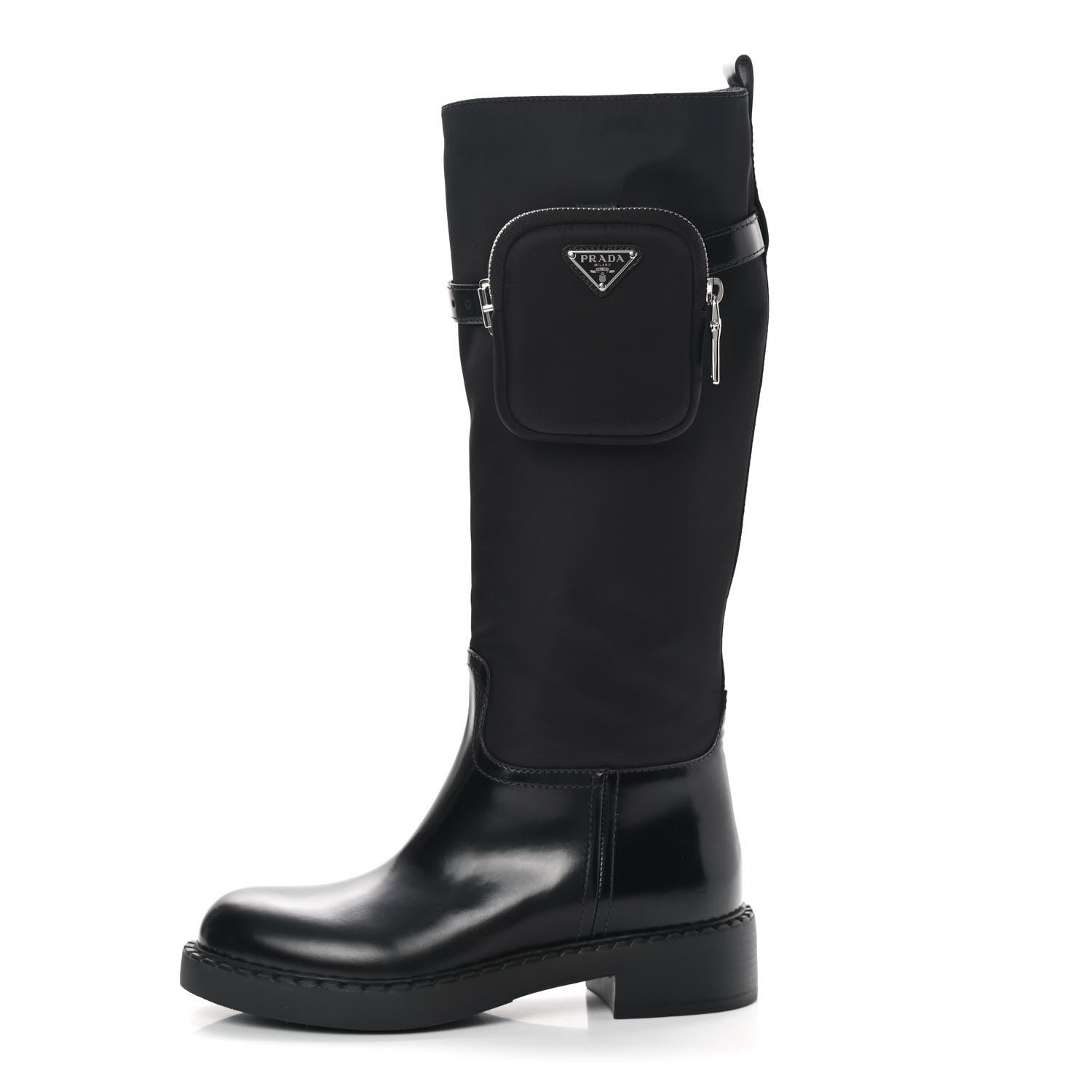Prada Spazzolato Re-Nylon Metal Triangle Logo Pouch Pocket Tall Boots 38 Black 1 of 7