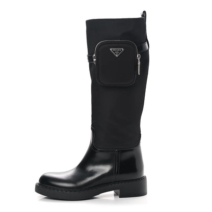 Prada Spazzolato Re-Nylon Metal Triangle Logo Pouch Pocket Tall Boots 38 Black 1 of 7