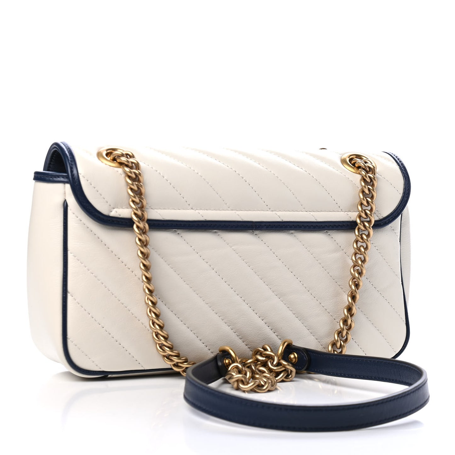 Vintage Effect Calfskin Matelasse Diagonal Small Torchon GG Marmont Shoulder Bag Mystic White Blue Agata