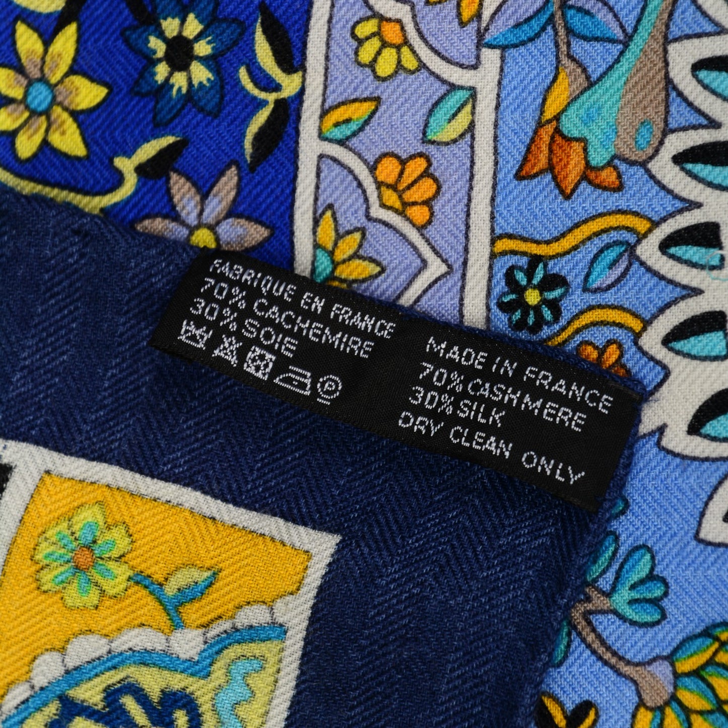 Cashmere Silk Au Pays Des Oiseaux Fleurs Shawl 140 Marine Turquoise Jaune
