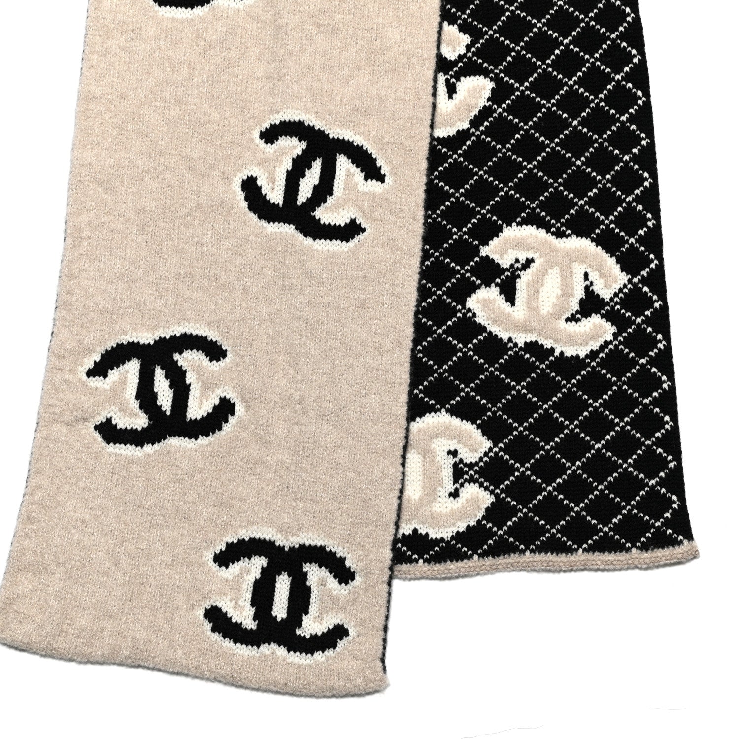 Chanel Wool Cashmere CC Scarf Black Beige 3 of 4