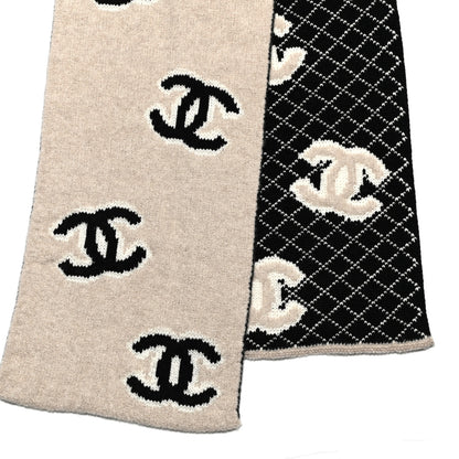 Chanel Wool Cashmere CC Scarf Black Beige 3 of 4