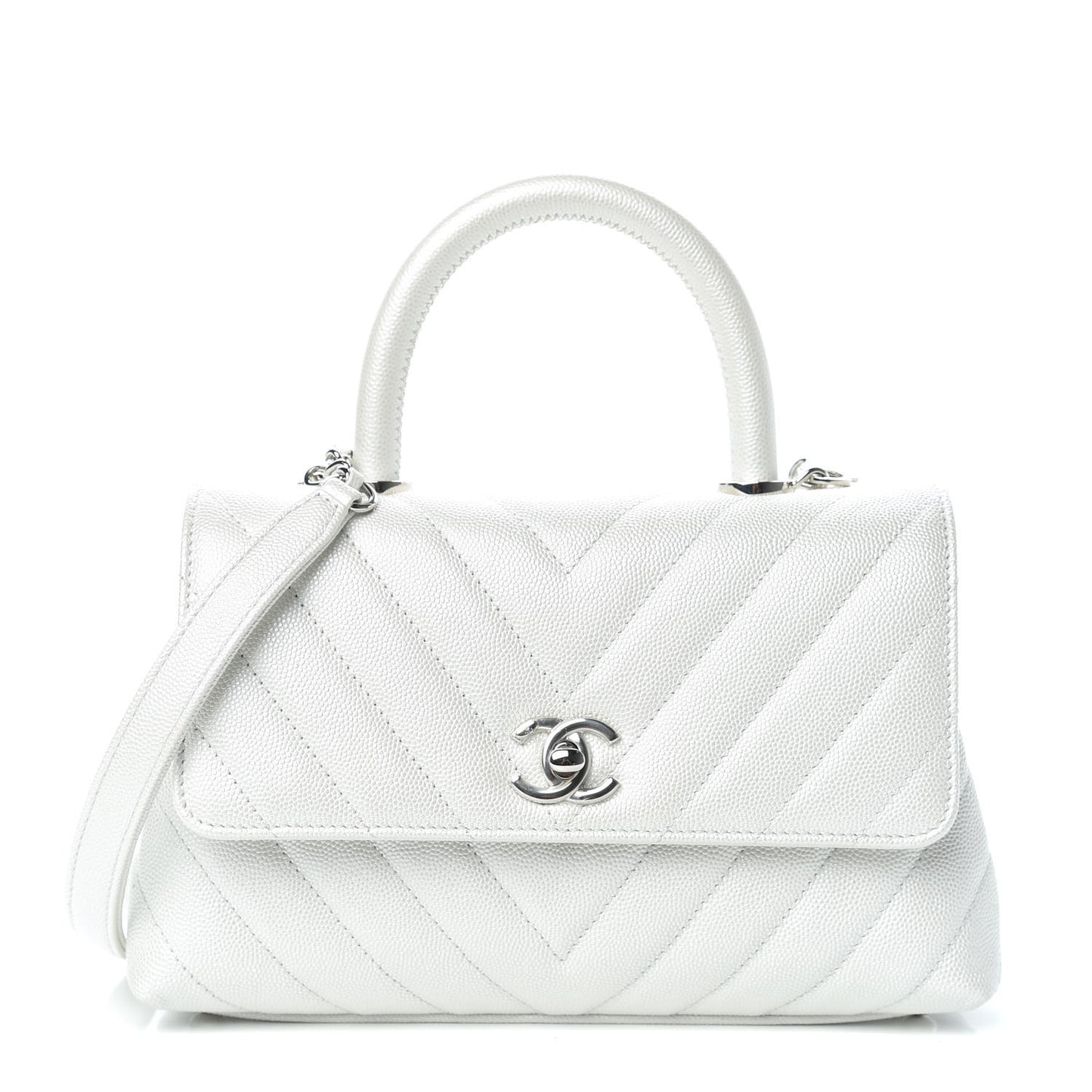 Iridescent Caviar Chevron Quilted Mini Coco Handle Flap White