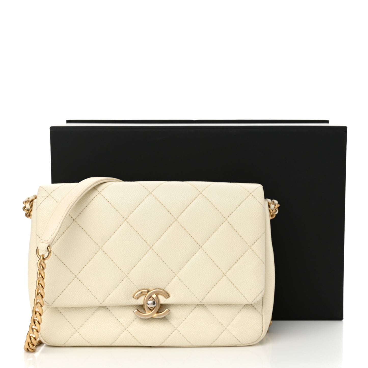 Shiny Caviar Quilted Small Chain Melody Flap White