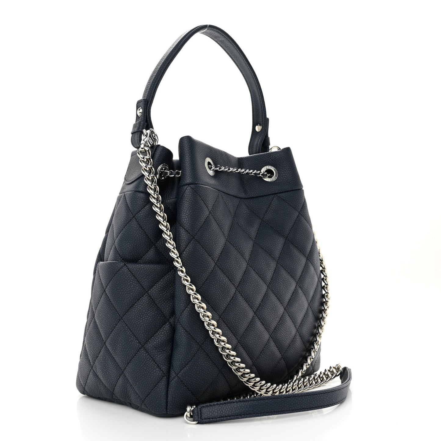 Caviar Flat Quilted CC Chain Bucket Drawstring Bag Navy