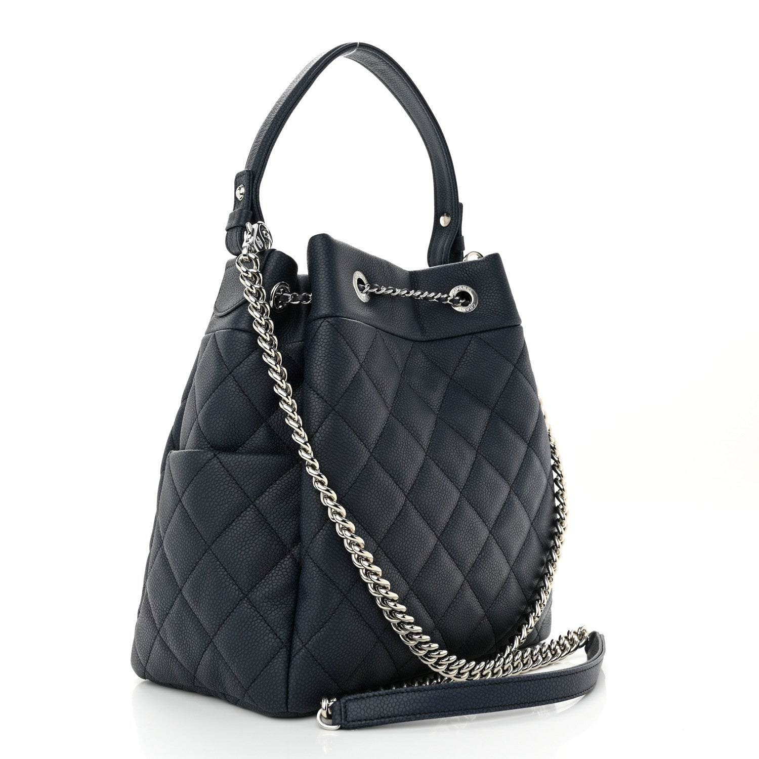 Chanel Caviar Flat Quilted CC Chain Bucket Drawstring Bag Navy 3 of 10