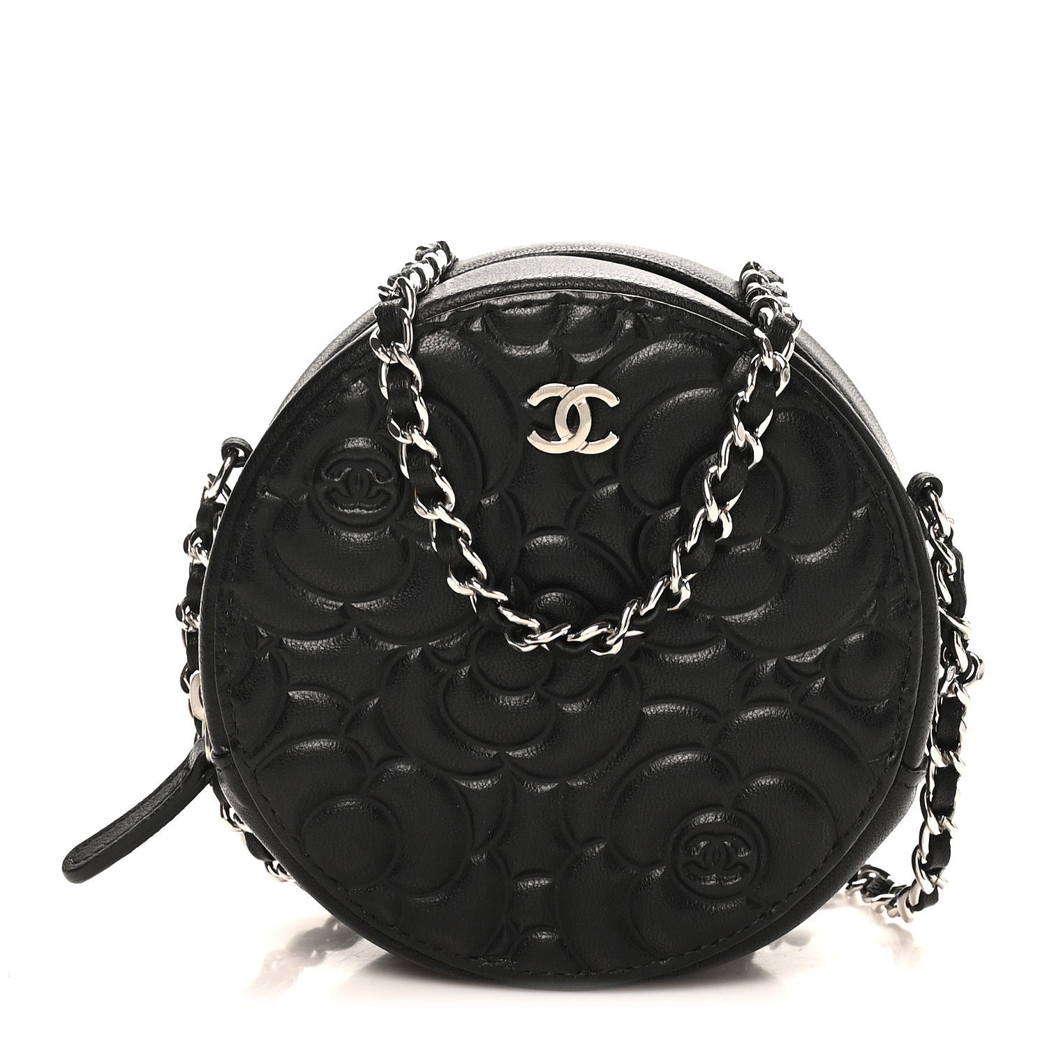 Chanel Goatskin Camellia Quilted Round Clutch With Chain Black 1 of 10