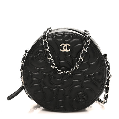 Chanel Goatskin Camellia Quilted Round Clutch With Chain Black 1 of 10