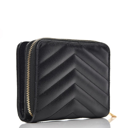 Saint Laurent Grain De Poudre Matelasse Chevron Monogram Compact Zip Around Wallet Black 3 of 6