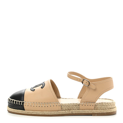 Chanel Lambskin Cap Toe CC Espadrille Sandals 40 Beige Black 1 of 9