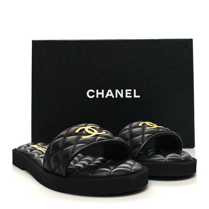 Chanel Lambskin Quilted Textured CC Mules Sandals 39 Black 9 of 9