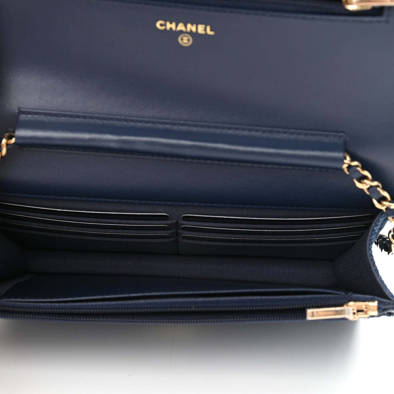Chanel Denim Printed Wallet On Chain WOC Dark Blue 5 of 12