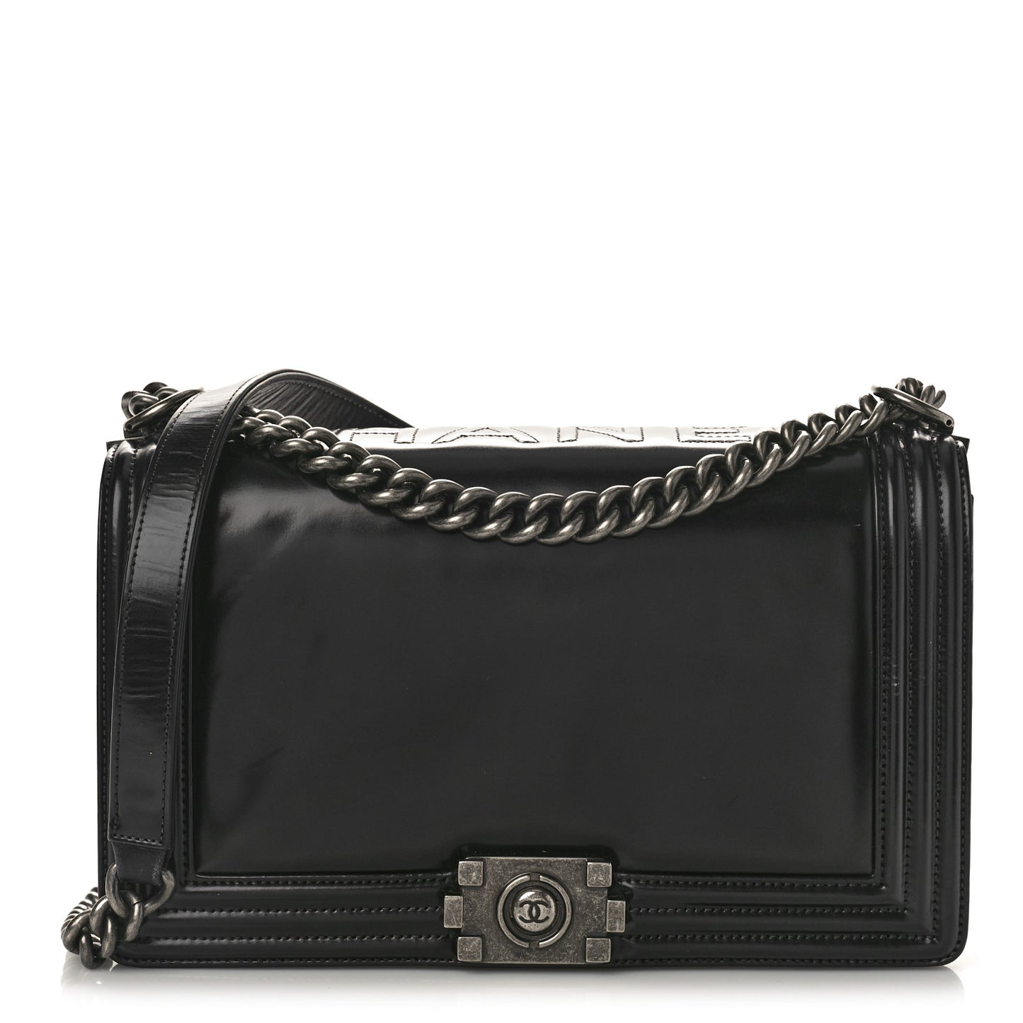 Glazed Calfskin Medium Boy Flap Black