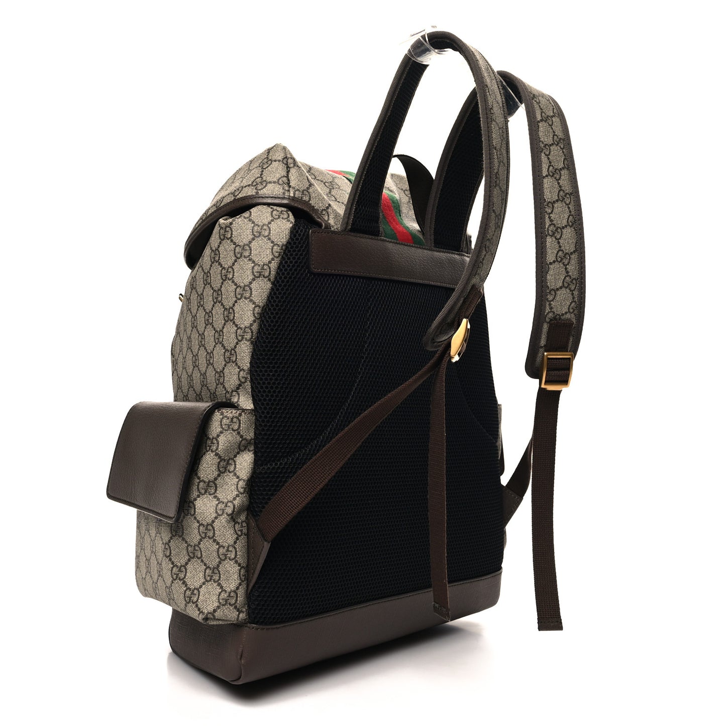 GG Supreme Monogram Medium Ophidia Double Buckle Backpack Brown