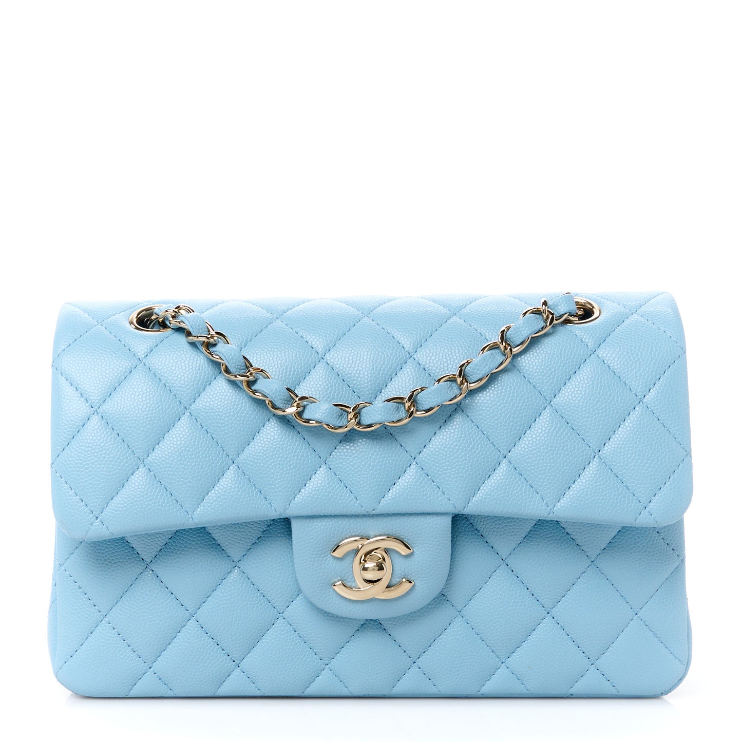 Caviar Quilted Small Double Flap Light Blue
