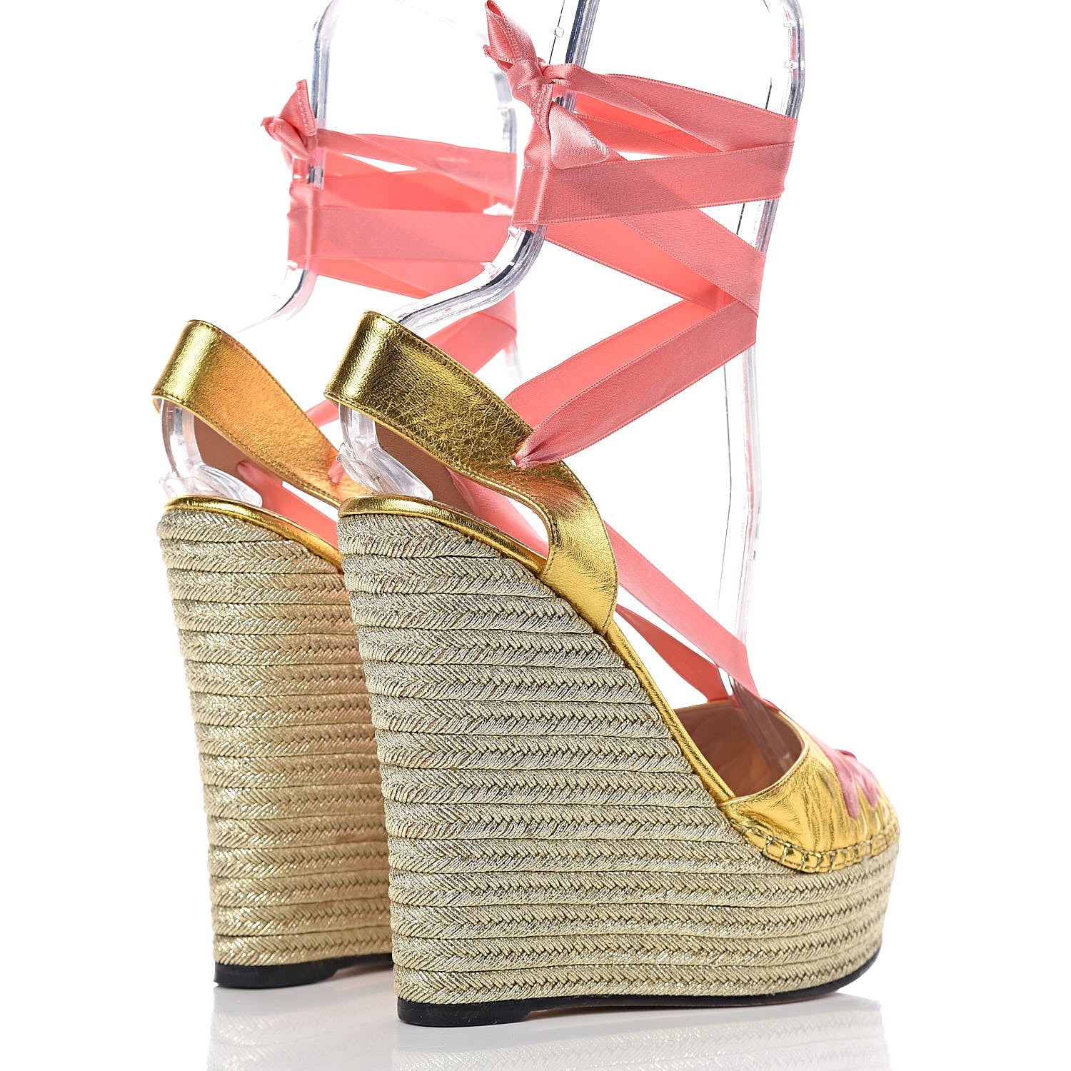 Gucci Nappa Satin Alexis Ankle Wrap Platform Espadrille Wedges 40 Yellow Pink 4 of 15