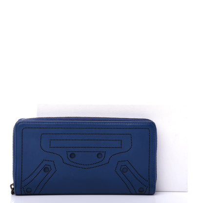 Balenciaga Veau Soyeux Perforated Blackout Hardware Continental Zip Around Wallet Bleu Marine 8 of 8