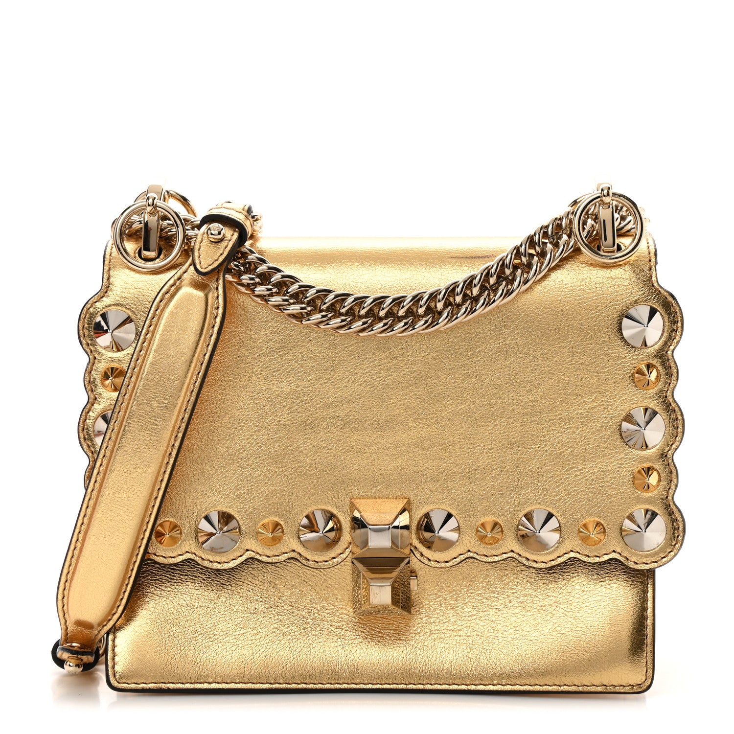 Fendi Vitello Catalan Mirror Scalloped Multi Studded Small Kan I Shoulder Bag Gold 1 of 12
